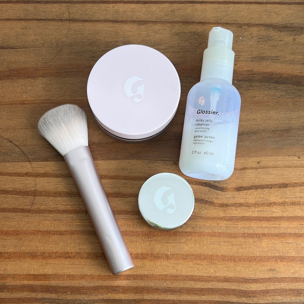 Bundle of Glossier Products Cleanser Stretch Concealer Wowder and Brush